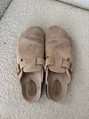 Suede Slip-On Buckle Clogs in Taupe | Size 40
